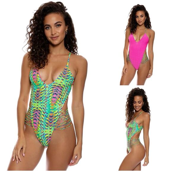 Luli Fama Oasis Babe REVERSIBLE Strappy Bright Colored One Piece SZ M $185 - Picture 2 of 15